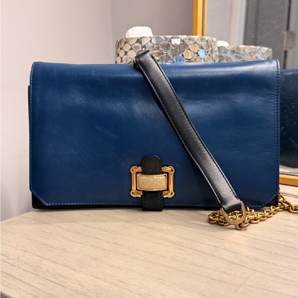 Oscar de la Renta Blue and Black Clutch with Gold Accents